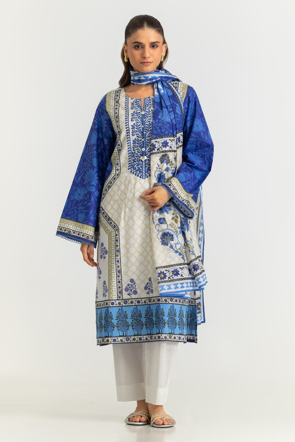 3PC Cotton Printed Suit With Embroidered