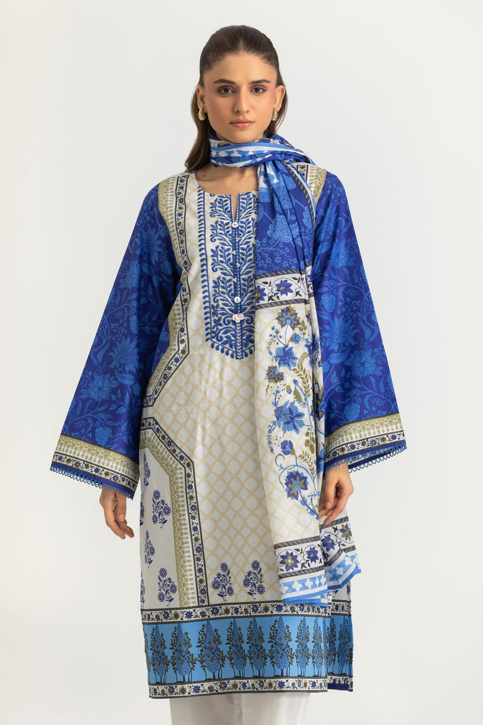 3PC Cotton Printed Suit With Embroidered