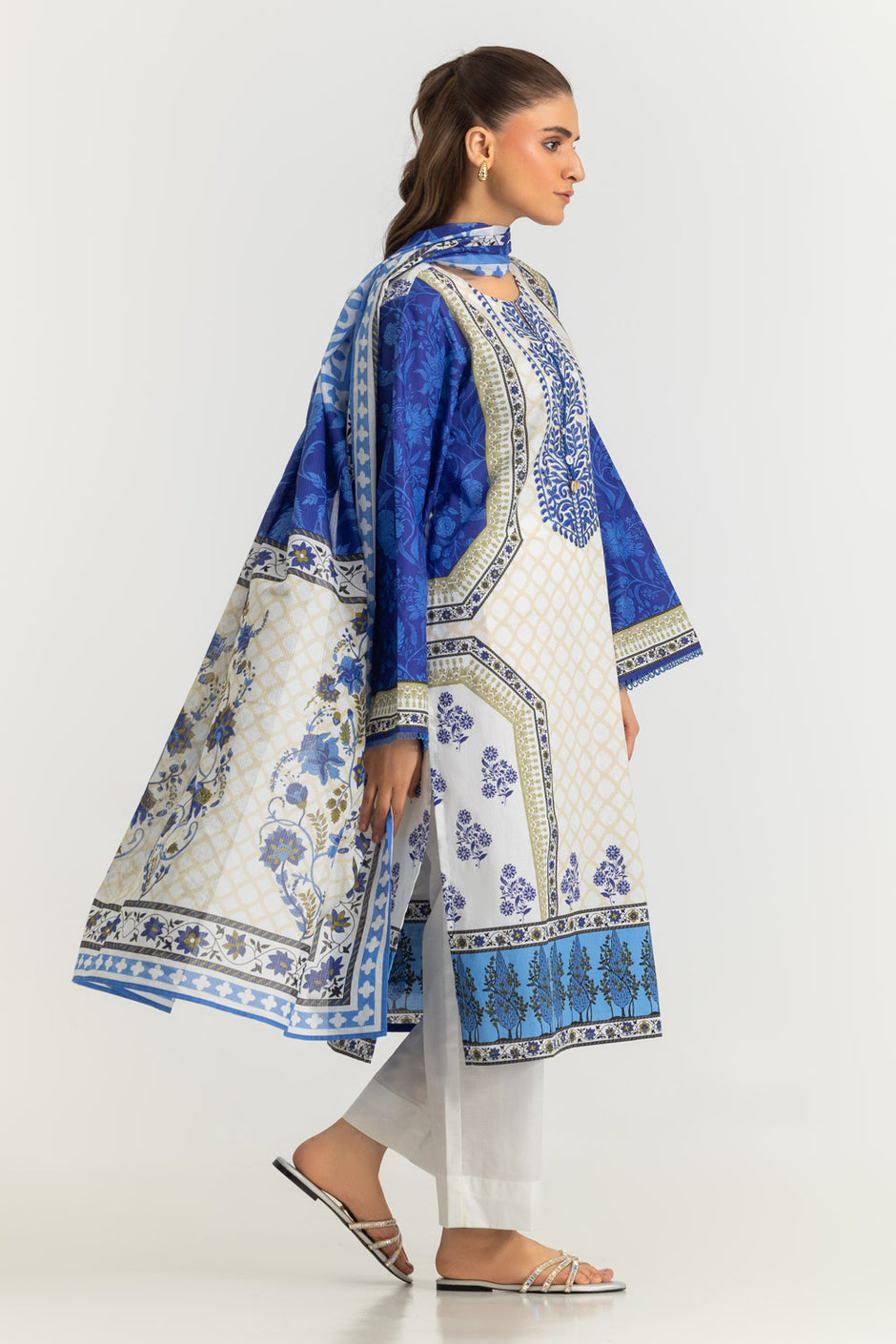 3PC Cotton Printed Suit With Embroidered