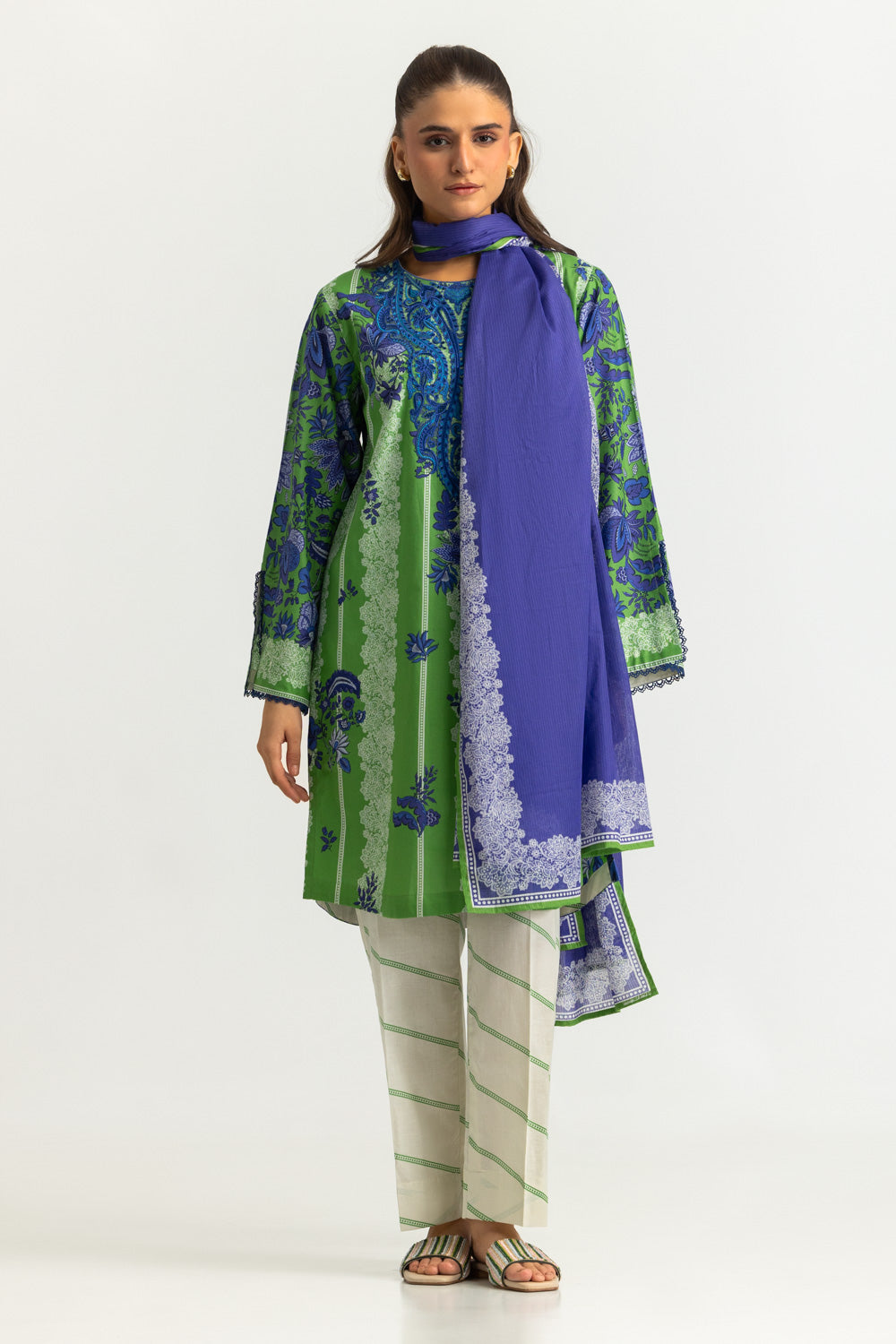 3PC Cotton Printed Suit With Embroidered