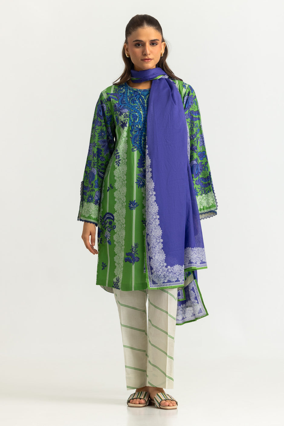 3PC Cotton Printed Suit With Embroidered