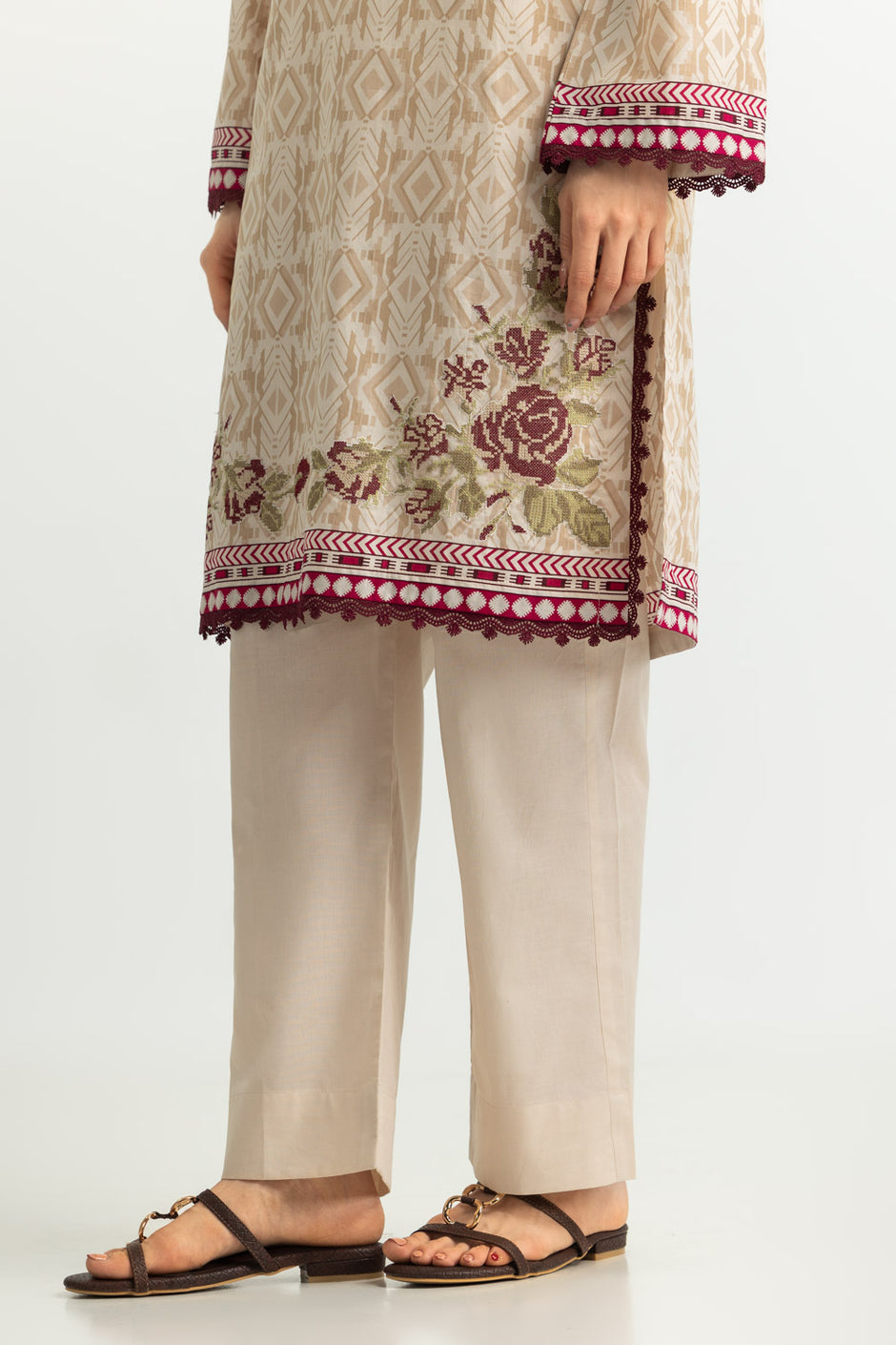 3PC Cotton Printed Suit With Embroidered