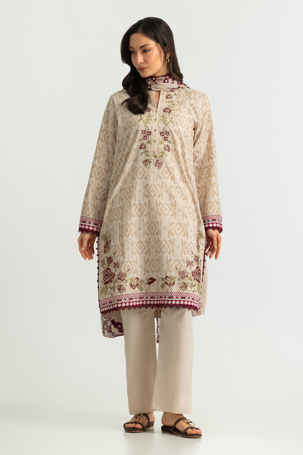 3PC Cotton Printed Suit With Embroidered