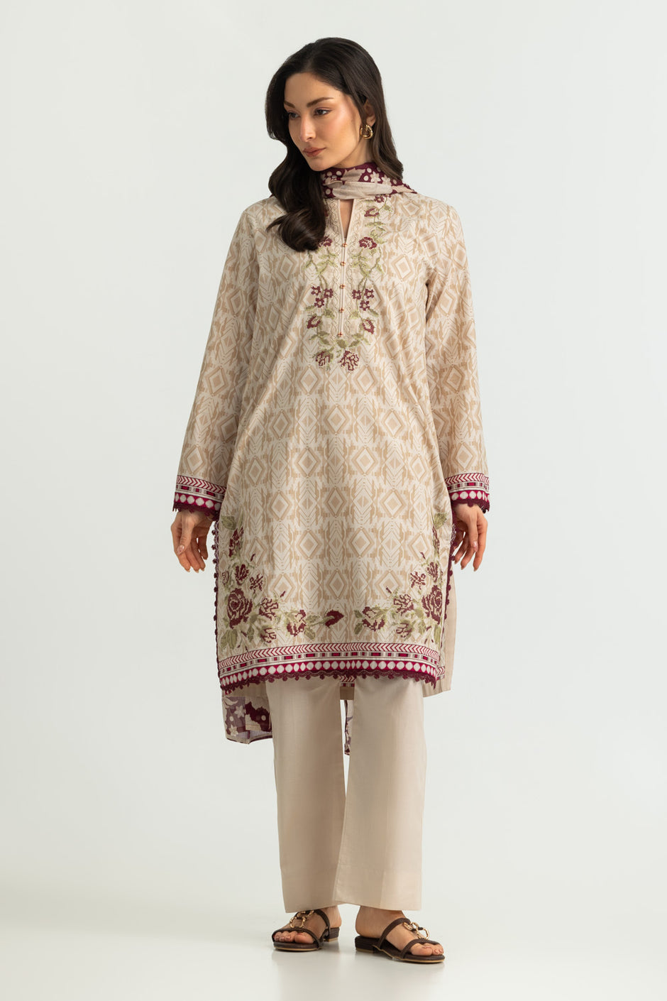 3PC Cotton Printed Suit With Embroidered