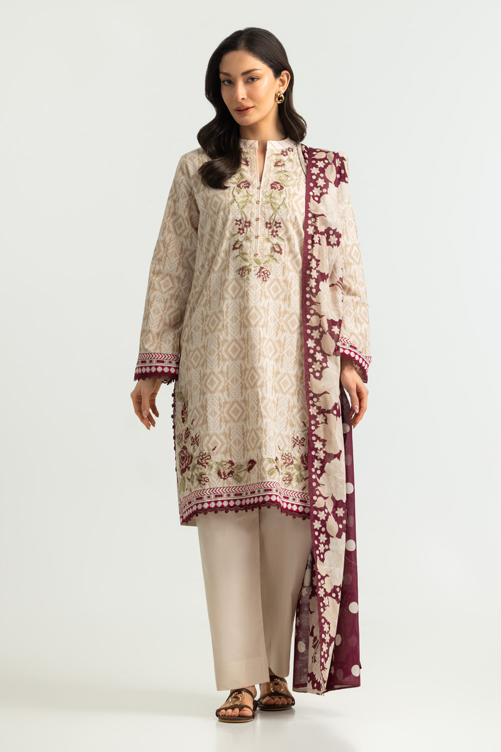 3PC Cotton Printed Suit With Embroidered