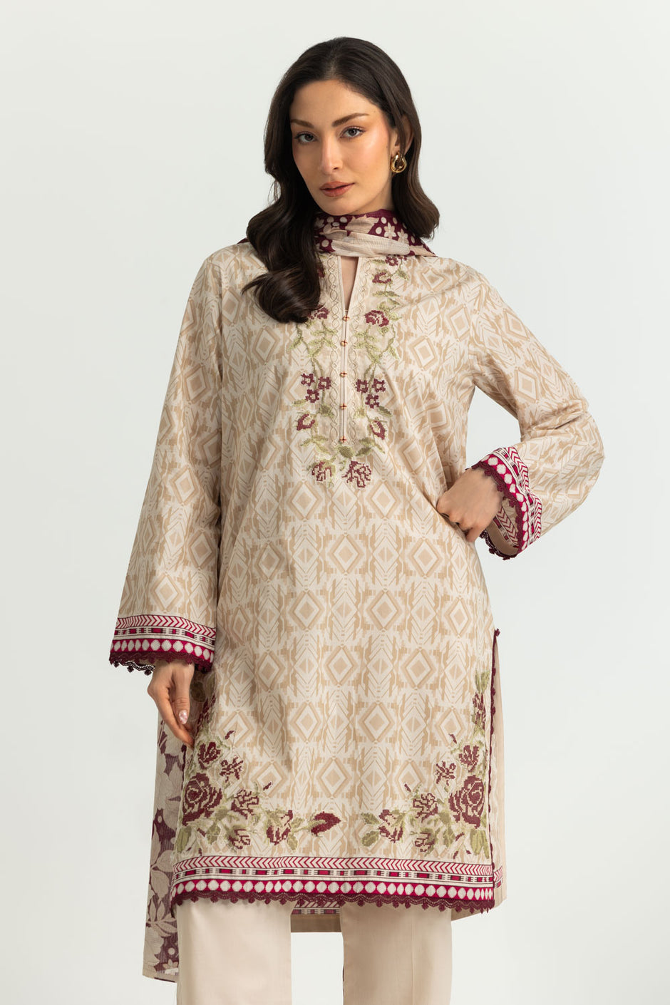 3PC Cotton Printed Suit With Embroidered