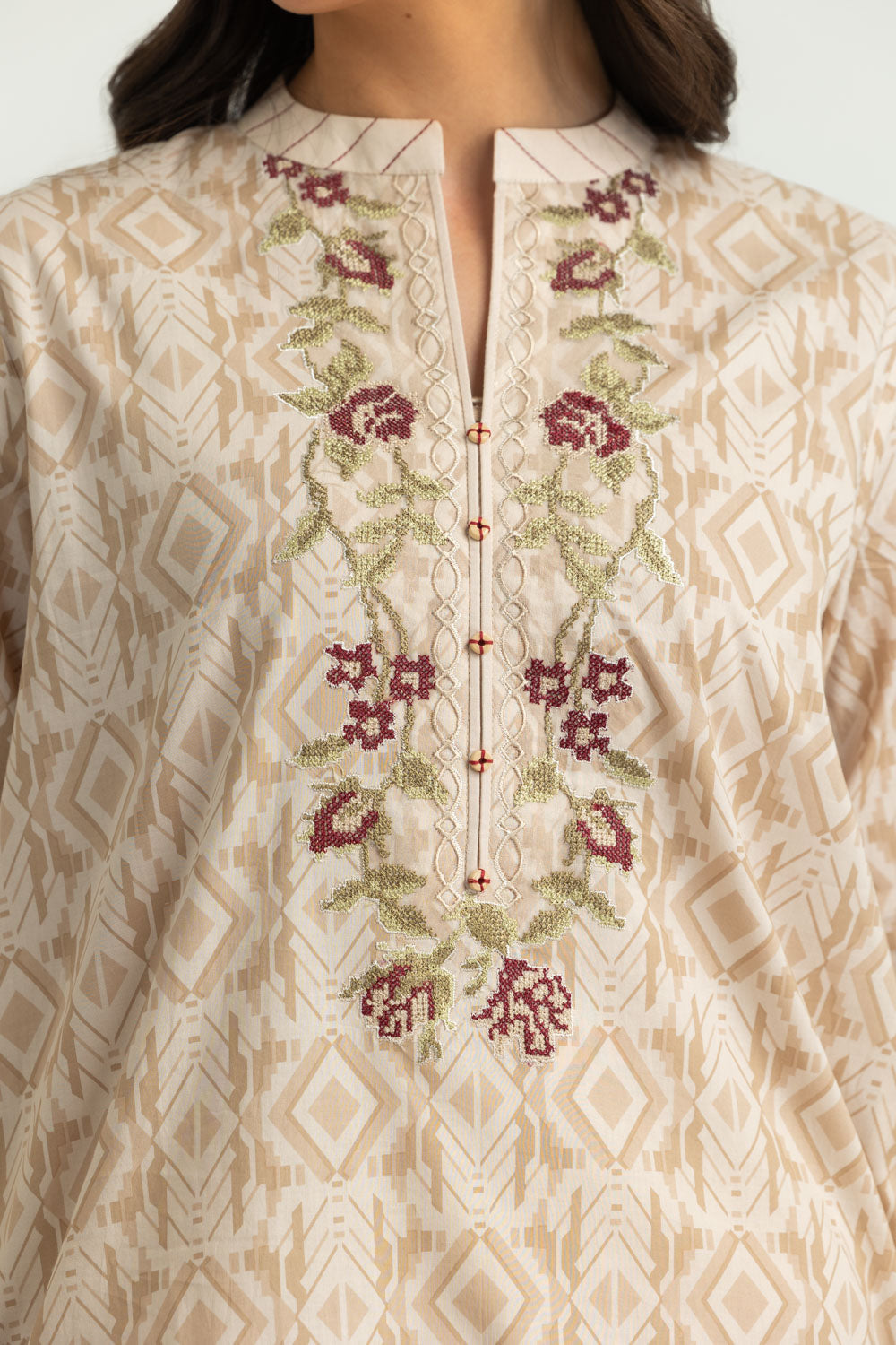3PC Cotton Printed Suit With Embroidered