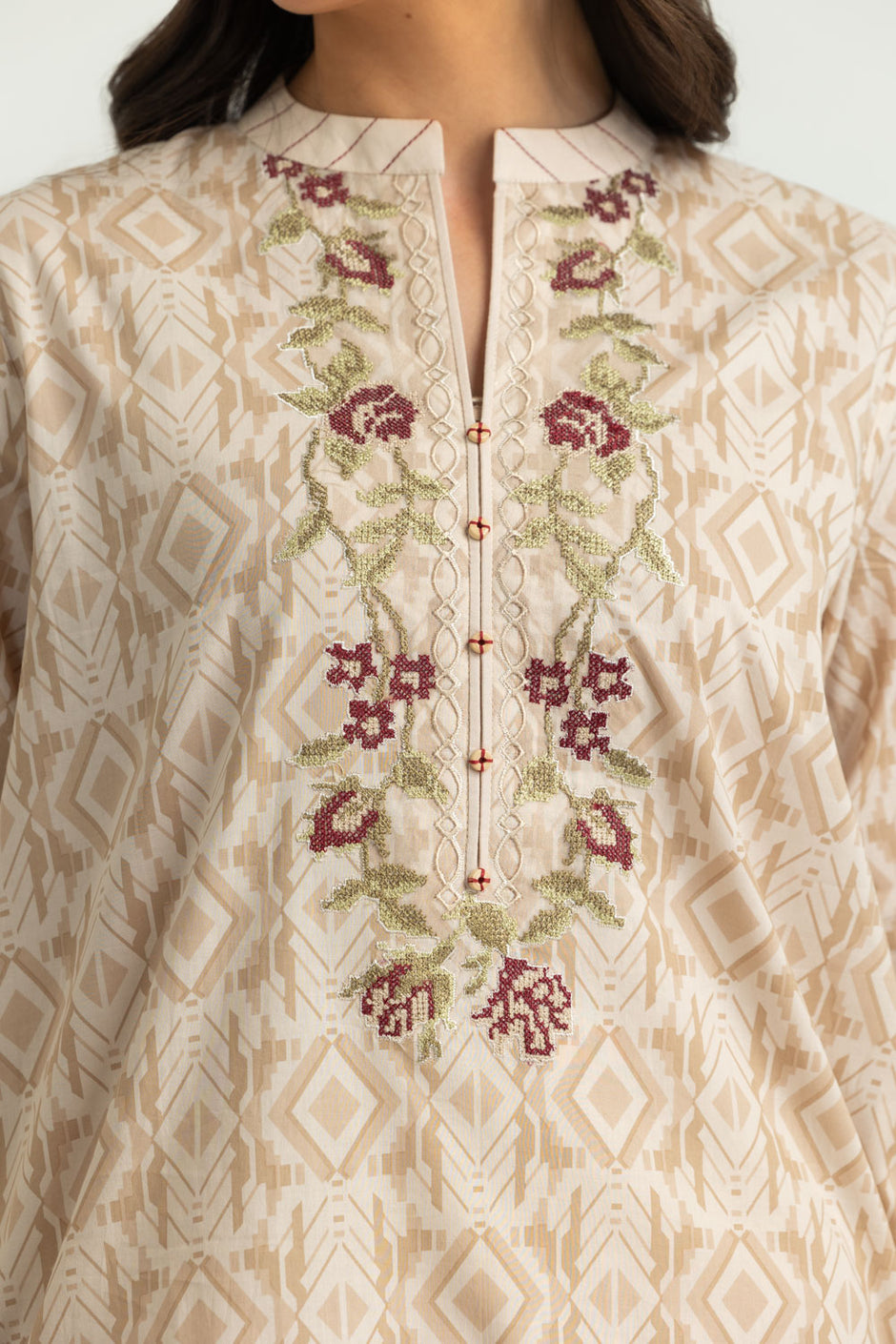 3PC Cotton Printed Suit With Embroidered