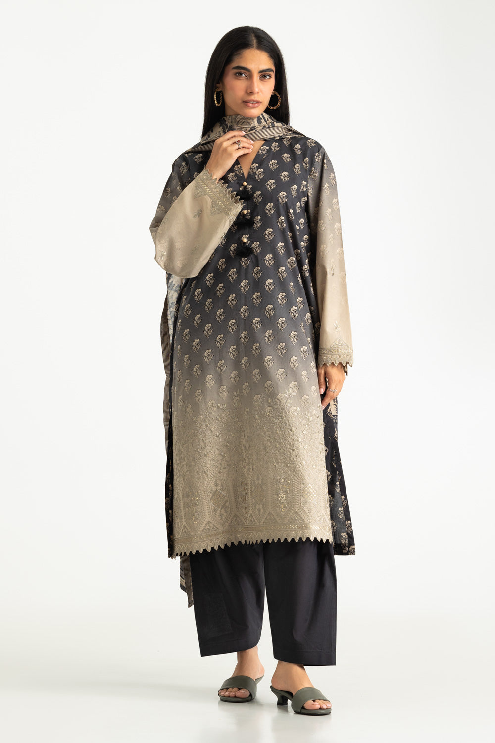 3PC Cotton Printed Suit With Embroidered