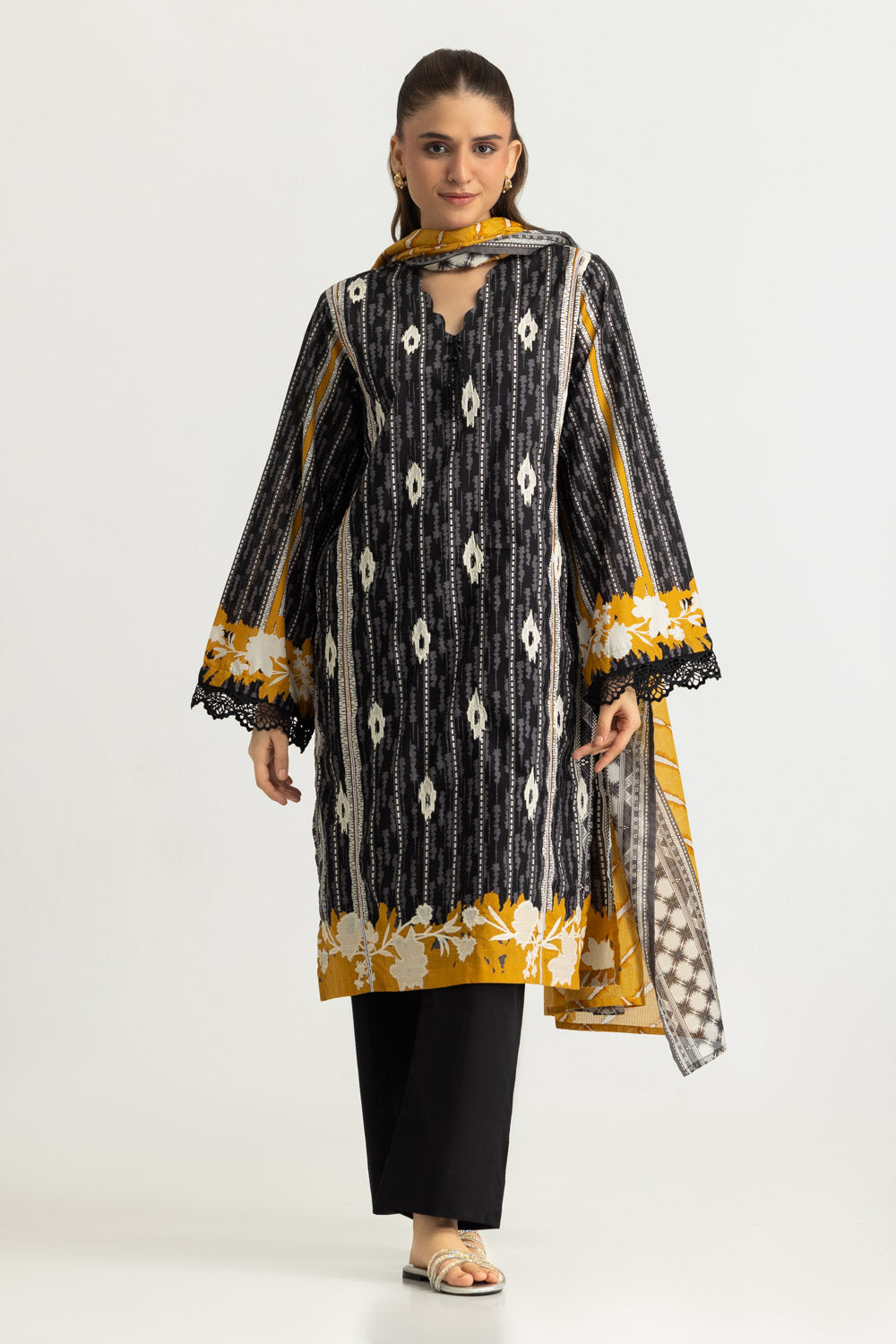 3PC Cotton Printed Suit With Embroidered