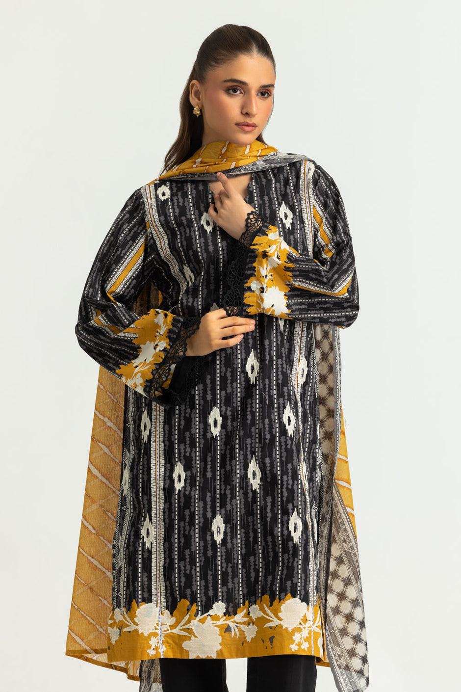 3PC Cotton Printed Suit With Embroidered