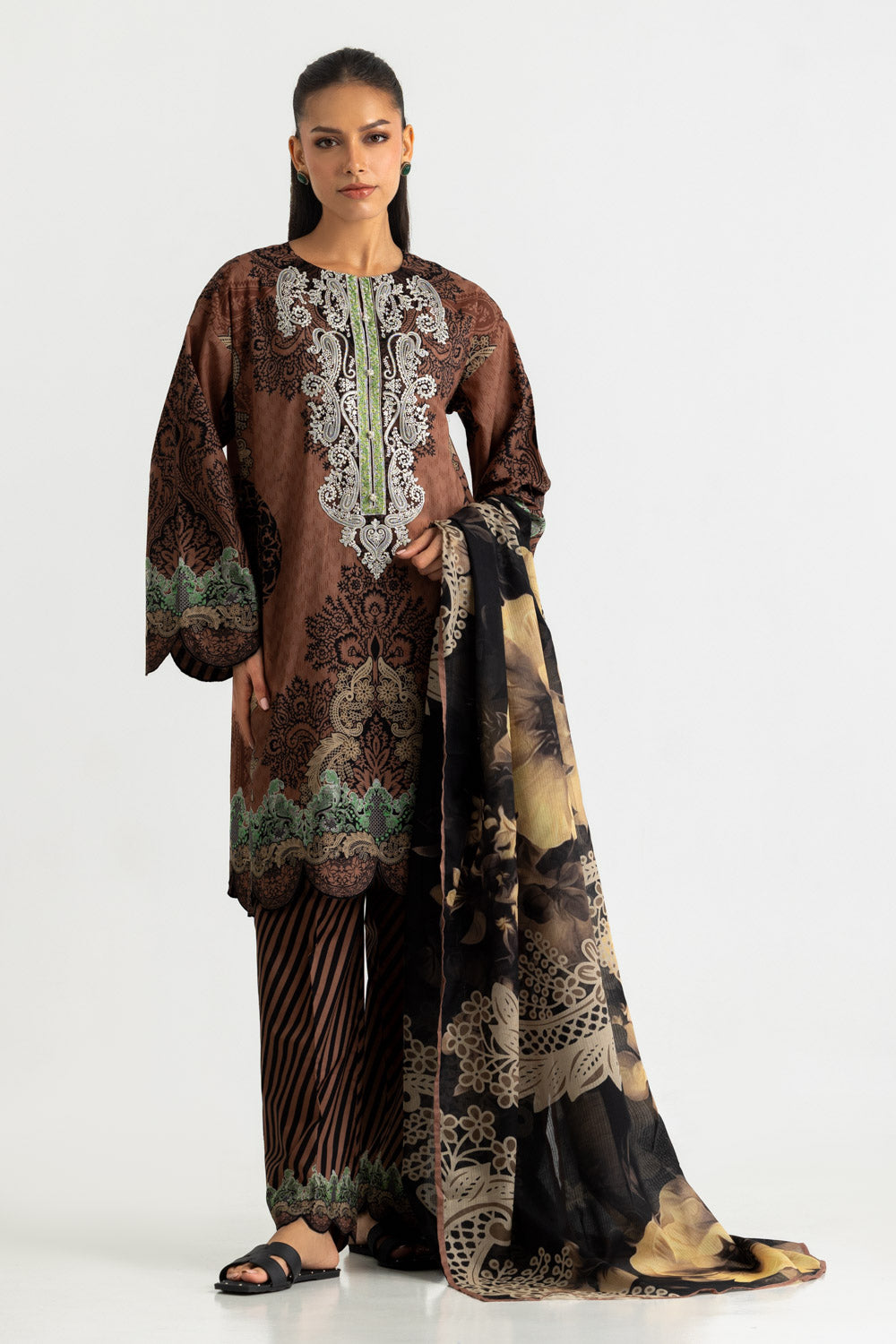 3PC Cotton Printed Suit With Embroidered