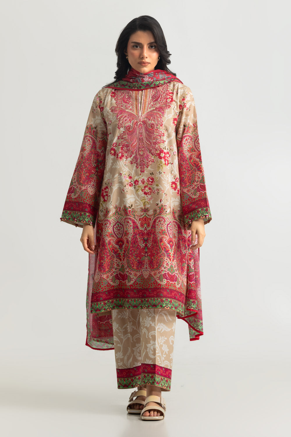 3PC Cotton Printed Suit With Embroidered