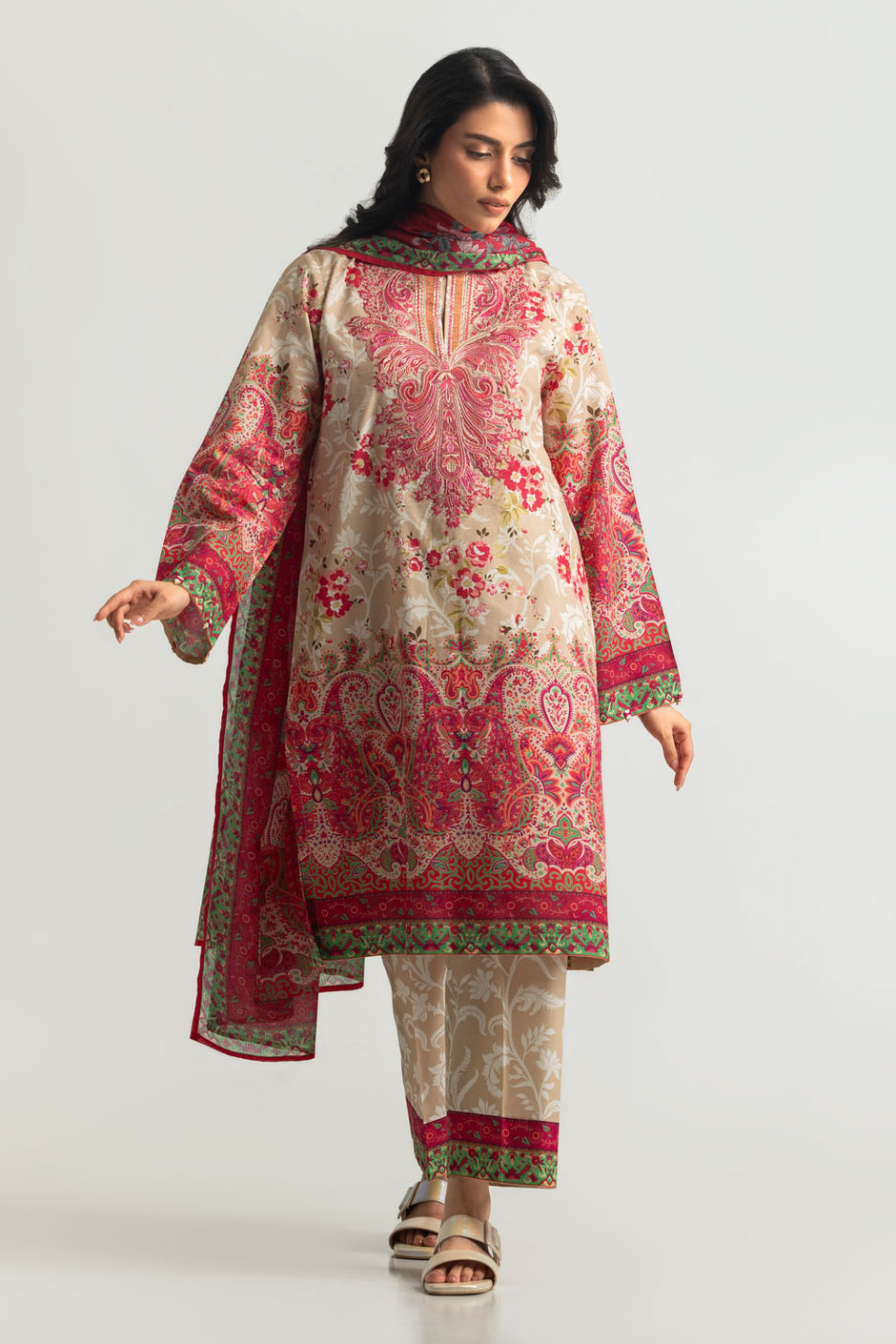 3PC Cotton Printed Suit With Embroidered
