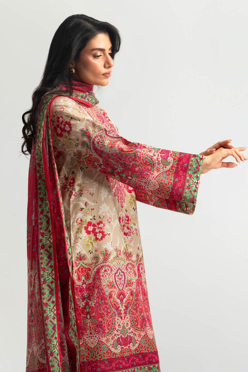 3PC Cotton Printed Suit With Embroidered
