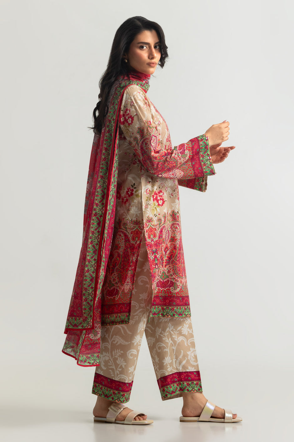 3PC Cotton Printed Suit With Embroidered