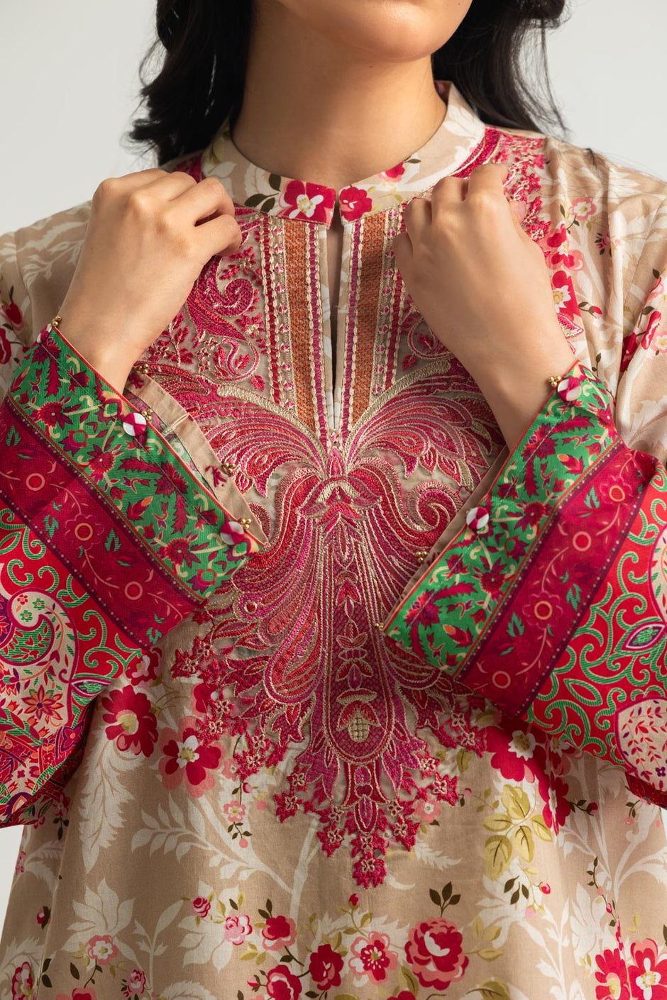3PC Cotton Printed Suit With Embroidered