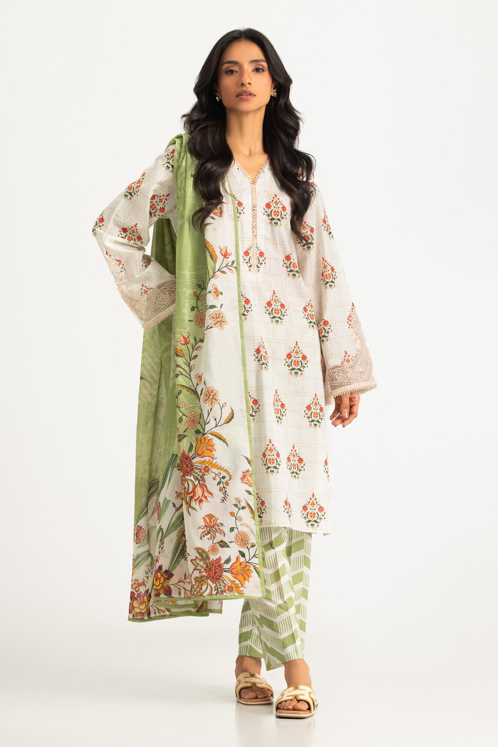 3PC Cotton Printed Suit With Embroidered