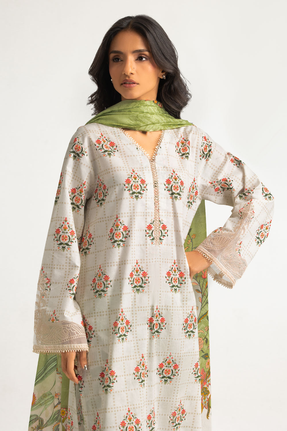 3PC Cotton Printed Suit With Embroidered