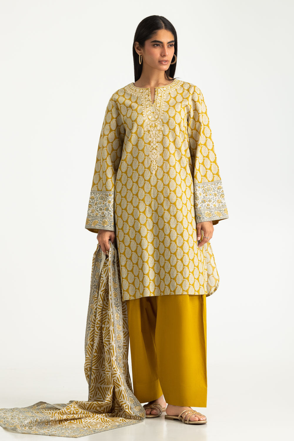 3PC Cotton Printed Suit With Embroidered