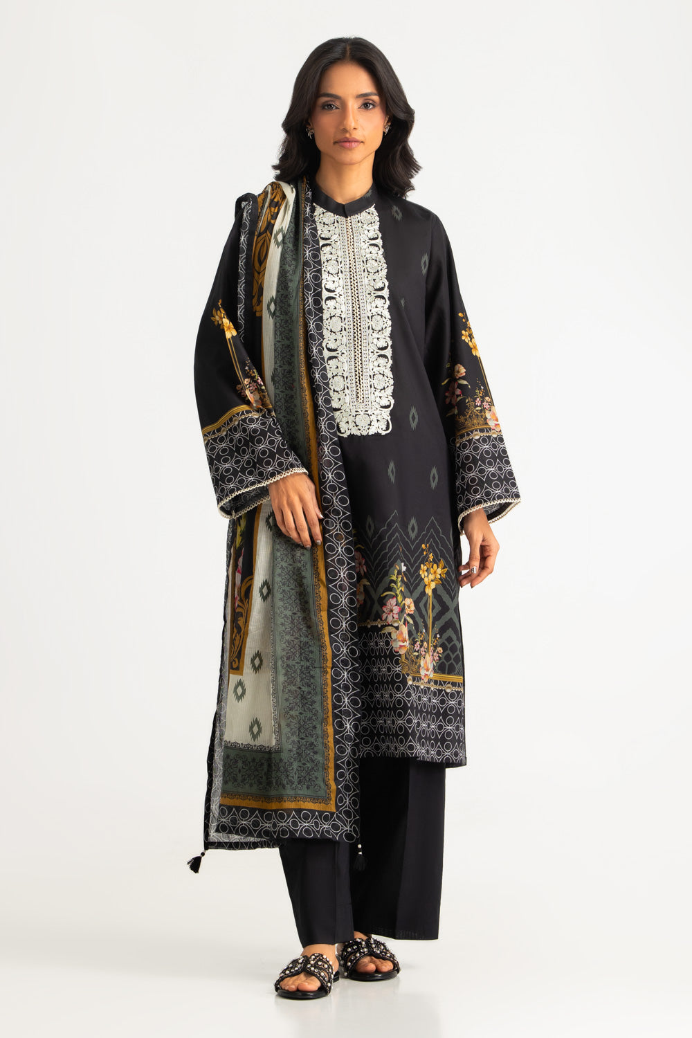 3PC Cotton Printed Suit with Embroidered