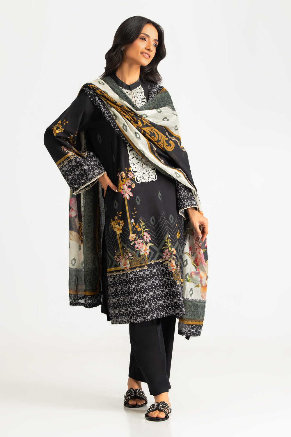 3PC Cotton Printed Suit with Embroidered