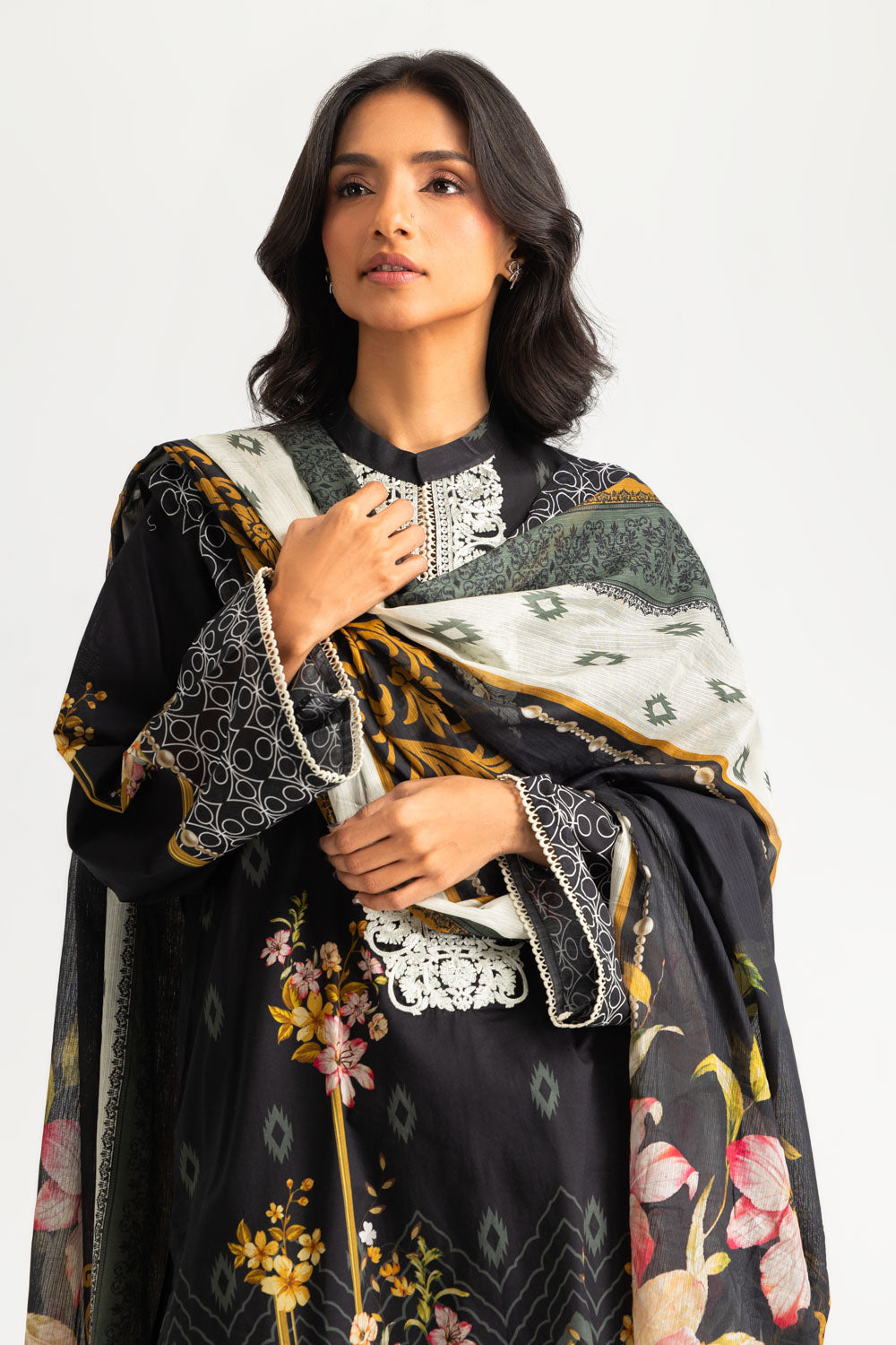 3PC Cotton Printed Suit with Embroidered