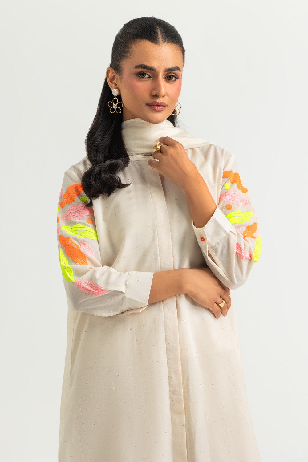 3PC Cotton Textured Embroidered Suit