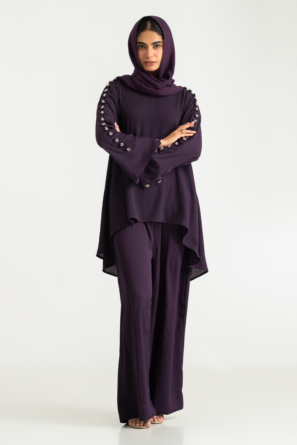3PC Crinkle Georgette Embroidered Shirt And Dyed Trouser With Scarf