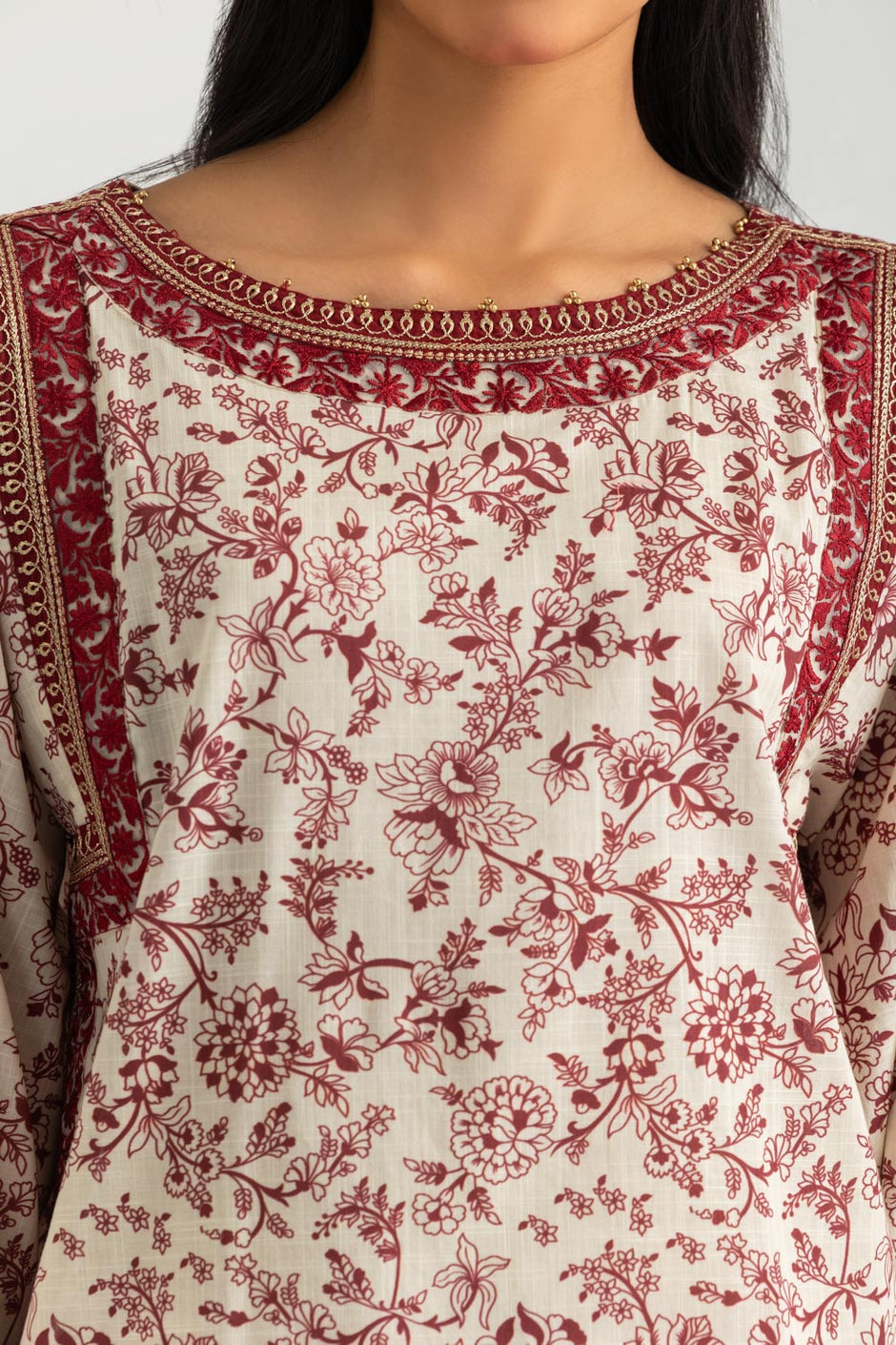 3PC Cross Hatch Printed Suit With Embroidered