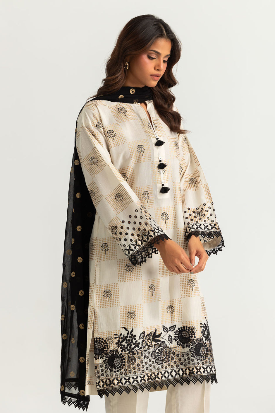 3PC Dobby Slub Gold Printed Embroidered Suit With Gold Printed Chiffon Dupatta