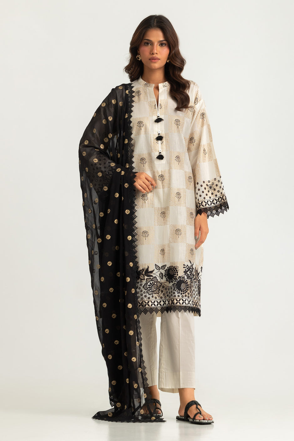 3PC Dobby Slub Gold Printed Embroidered Suit With Gold Printed Chiffon Dupatta