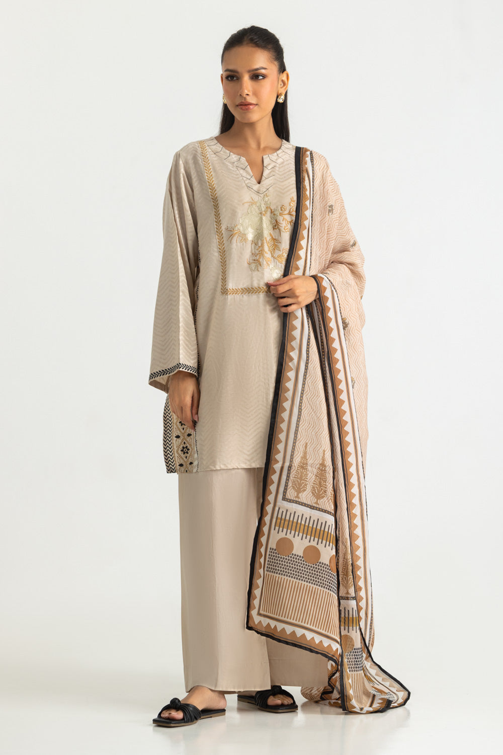 3PC Jacquard Embroidered Suit With Printed