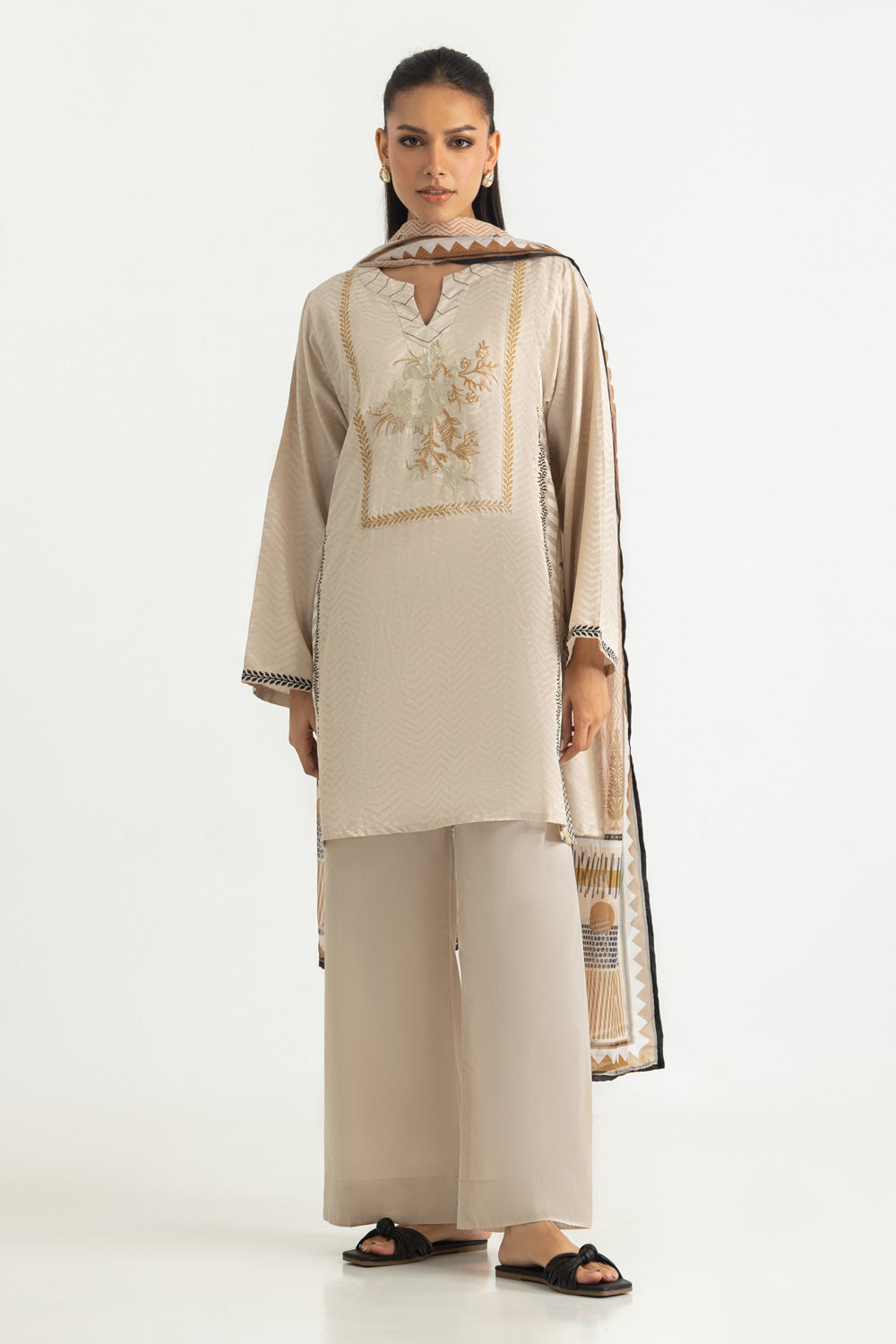 3PC Jacquard Embroidered Suit With Printed