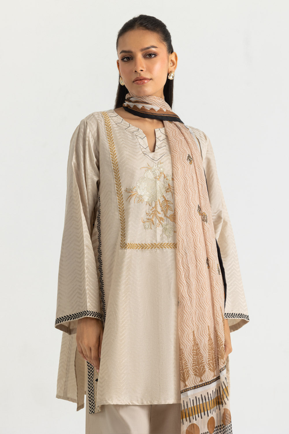 3PC Jacquard Embroidered Suit With Printed