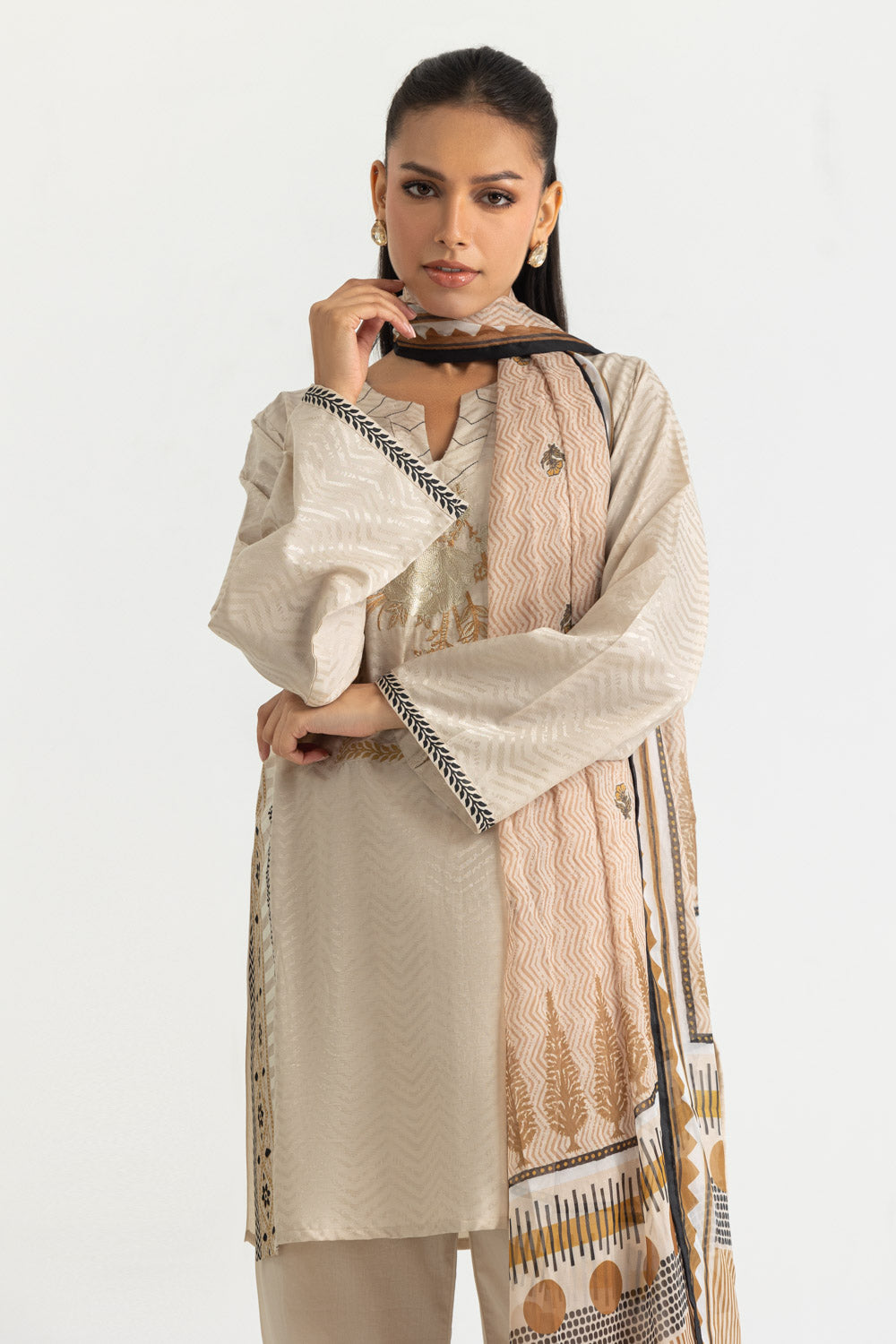 3PC Jacquard Embroidered Suit With Printed