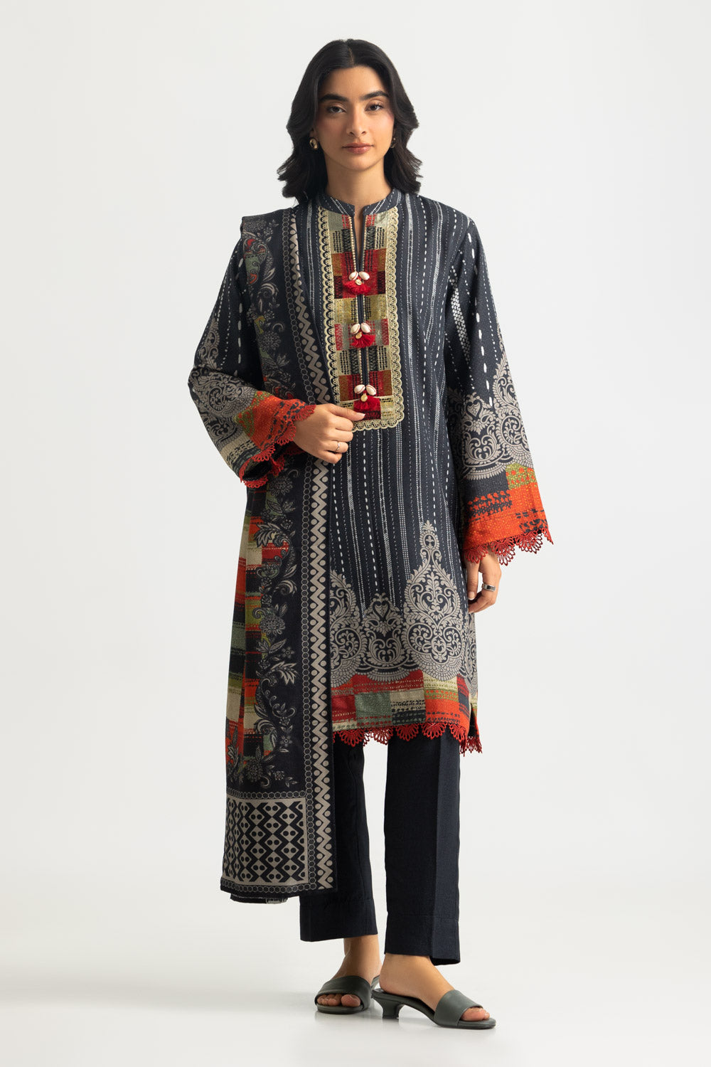 3PC Karandi Printed Suit With Embroidered