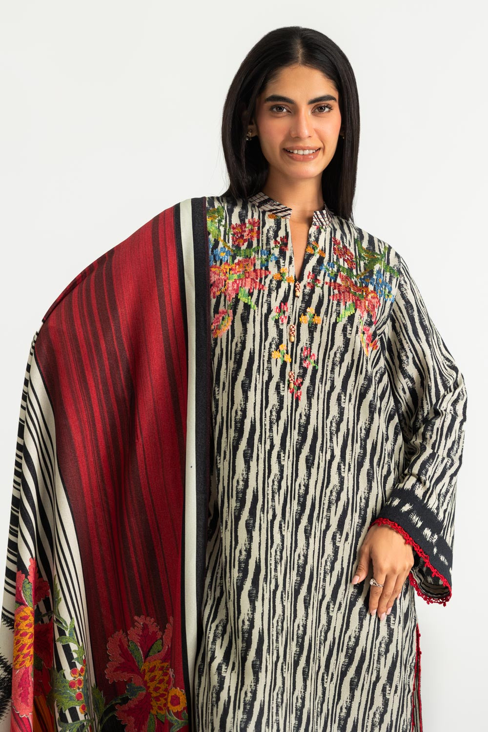 3PC Karandi Printed Suit With Embroidered