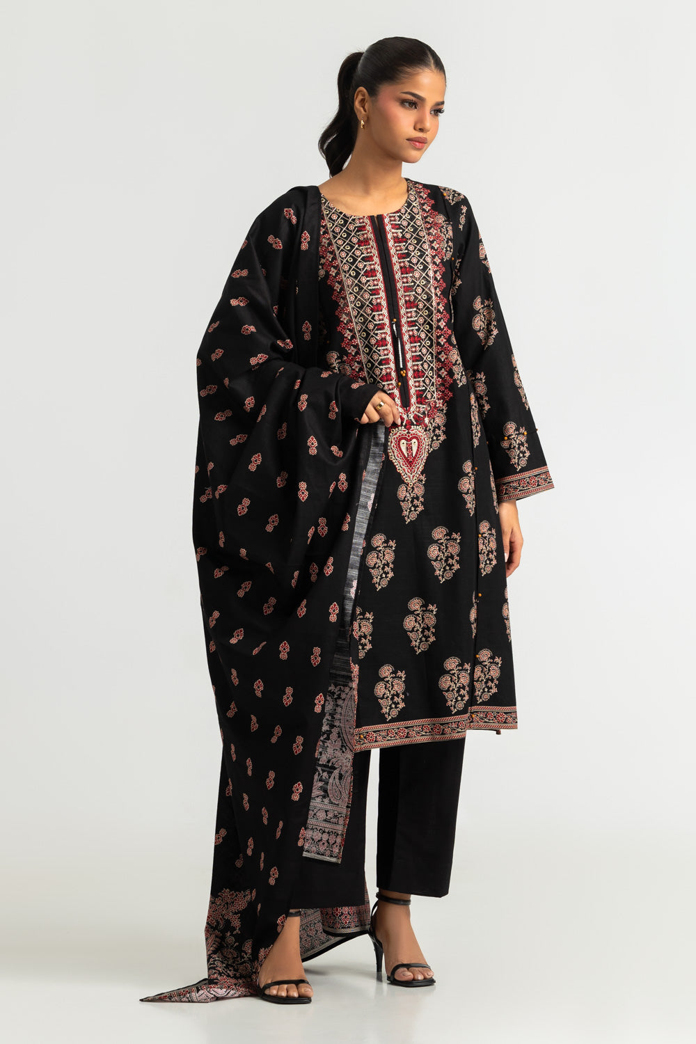 3PC Khaddar Printed Suit with Embroidered