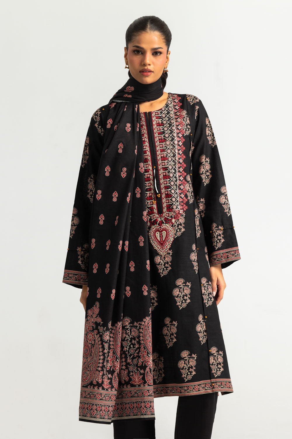 3PC Khaddar Printed Suit with Embroidered