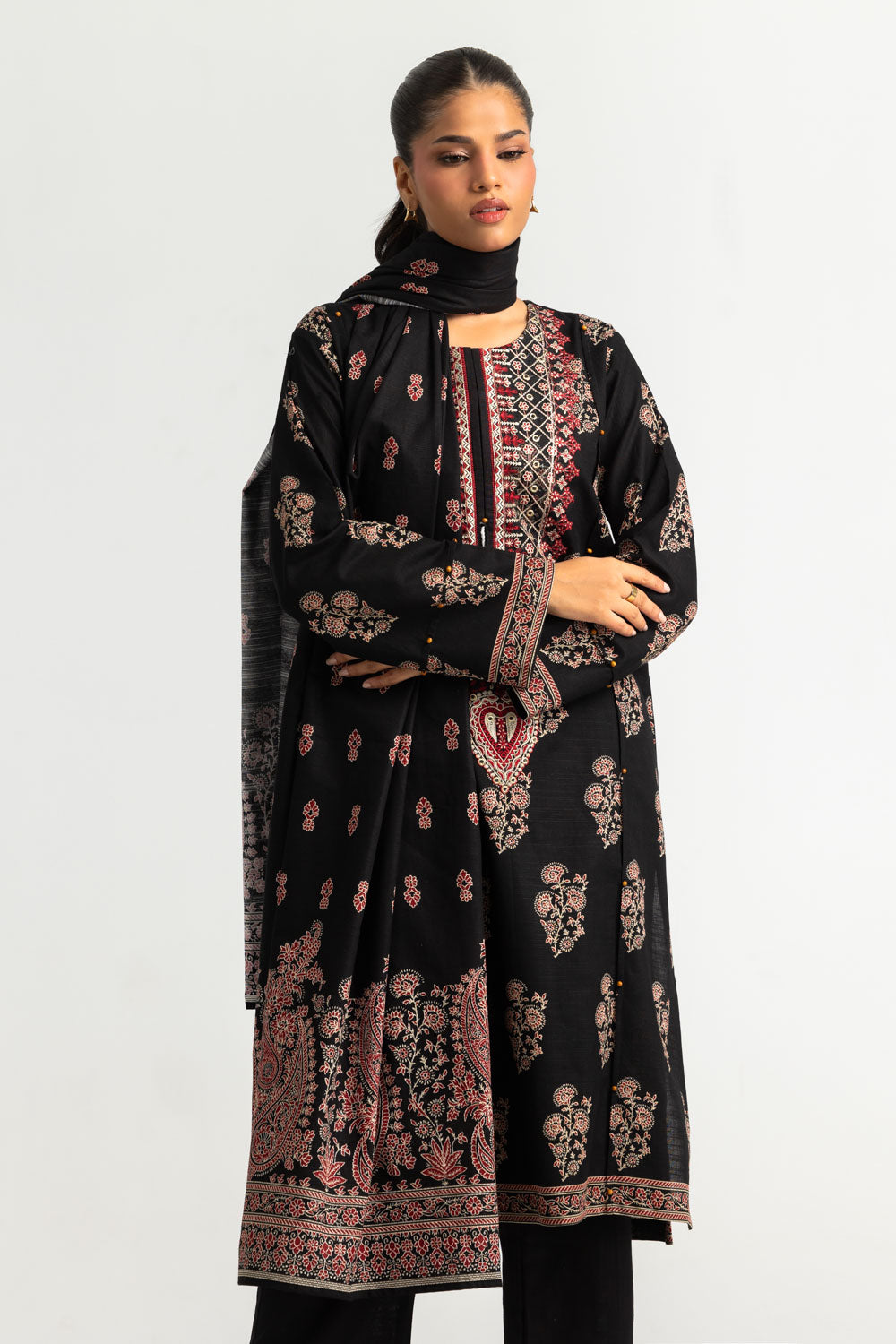 3PC Khaddar Printed Suit with Embroidered