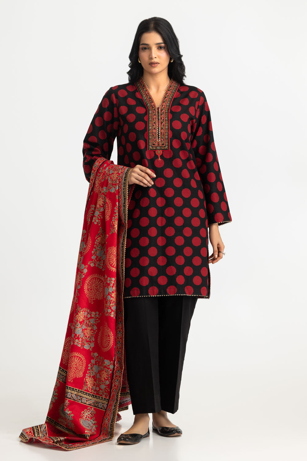 3PC Khaddar Slub Printed Suit With Embroidered