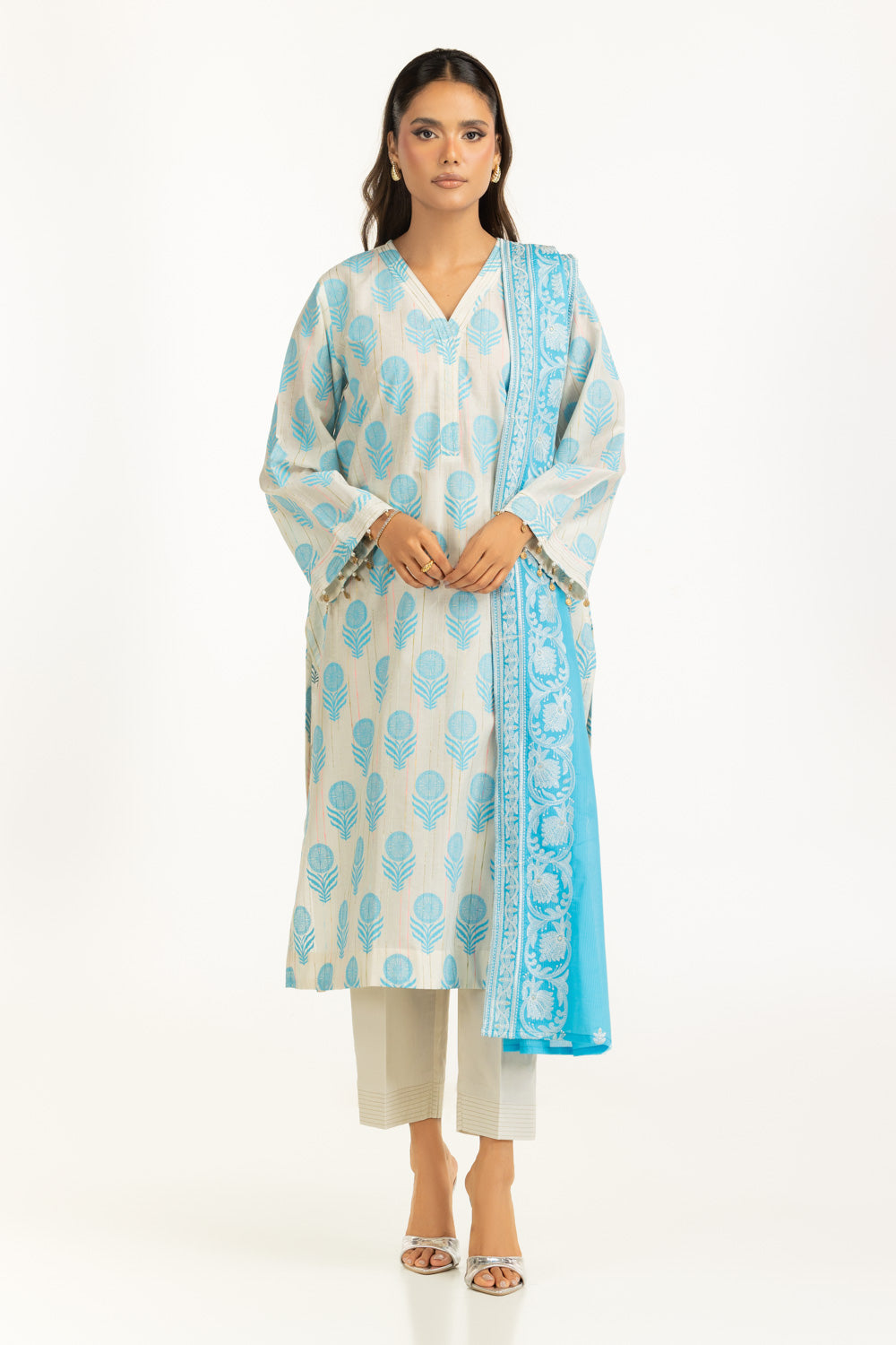 3PC Lacquer Printed Slub Yarn Suit IUSTKSD-1079