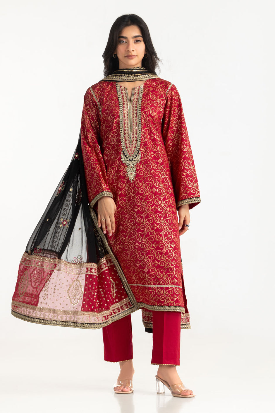 3PC Lawn Gold Printed Suit With Embroidered