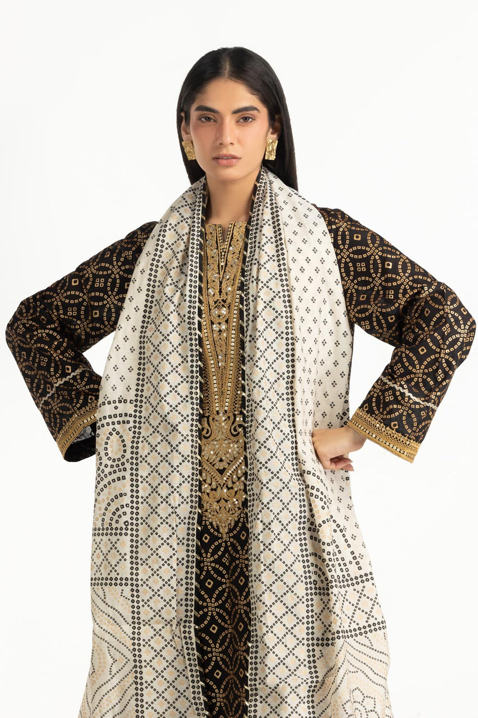 3PC Lawn Gold Printed Suit With Embroidered