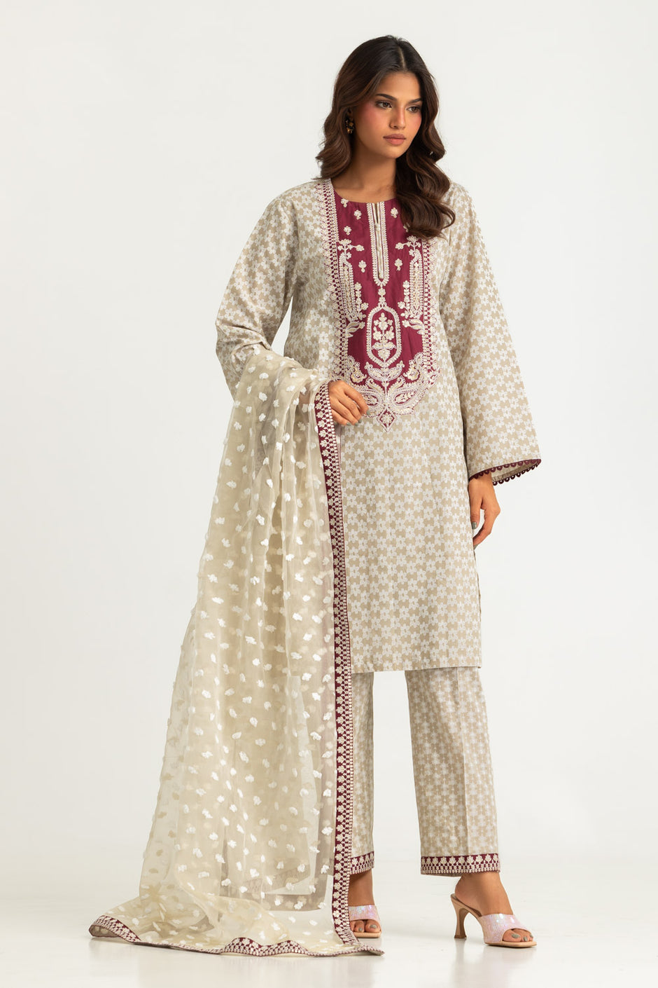 3PC Lawn Lacquer Printed Suit with Embroidered