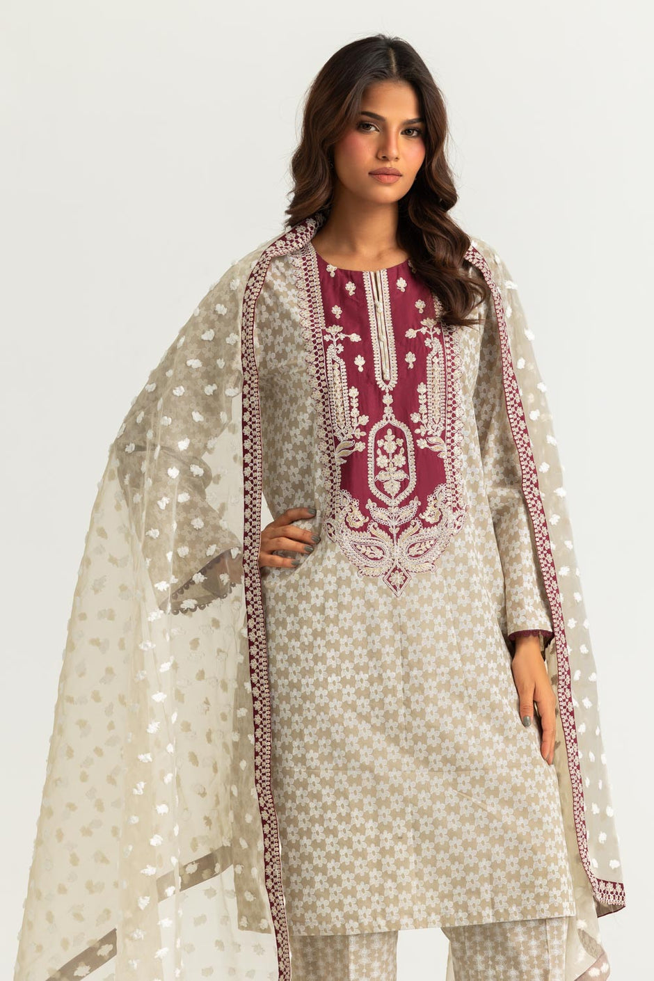 3PC Lawn Lacquer Printed Suit with Embroidered