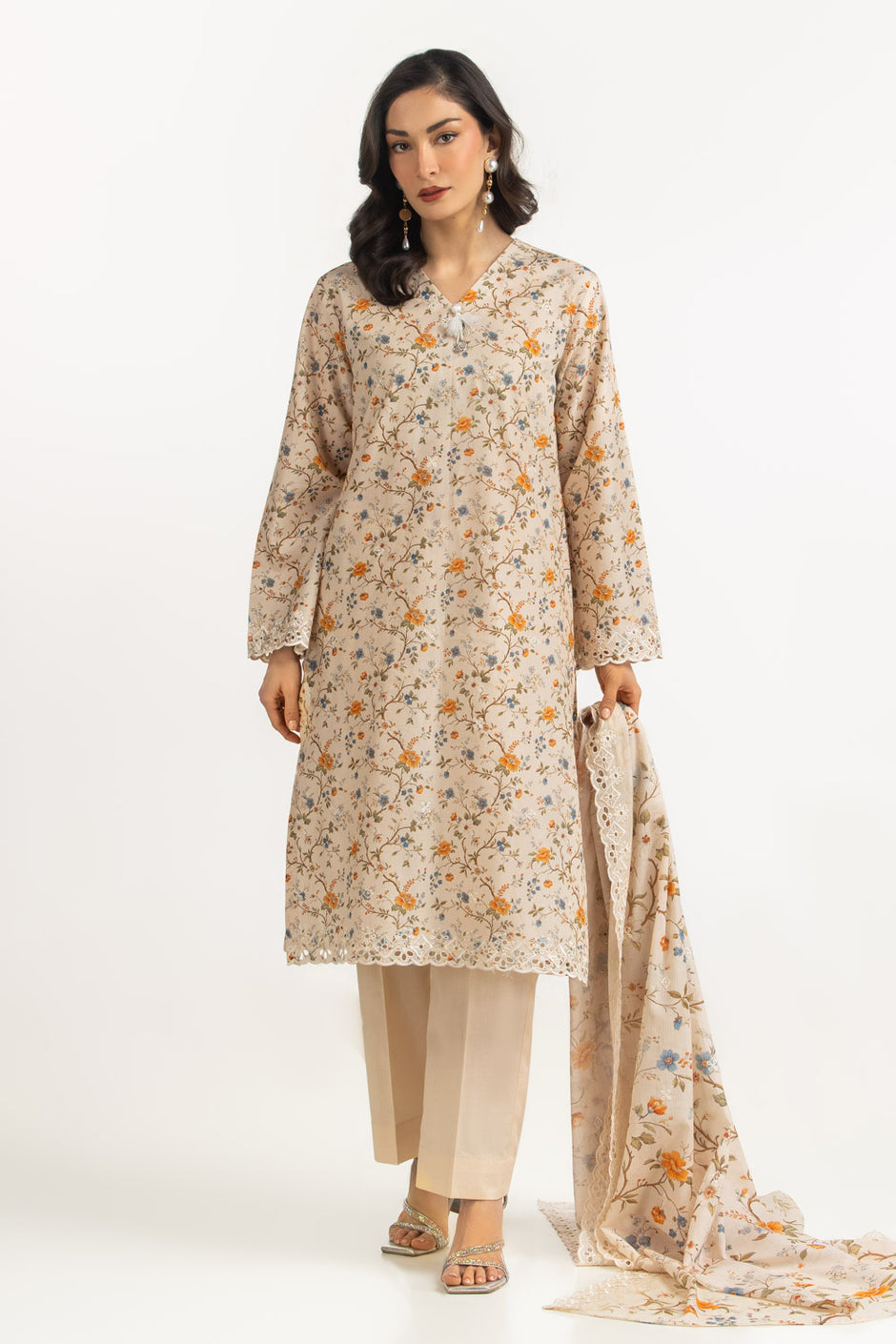 3PC Lawn Printed Suit With Embroidered