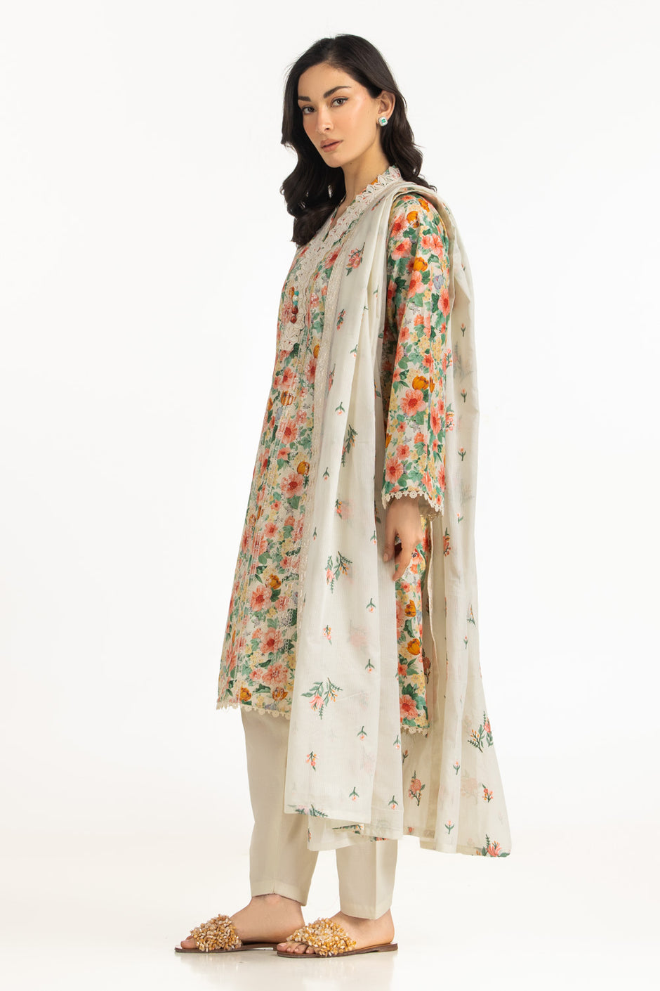 3PC Lawn Printed Suit With Embroidered