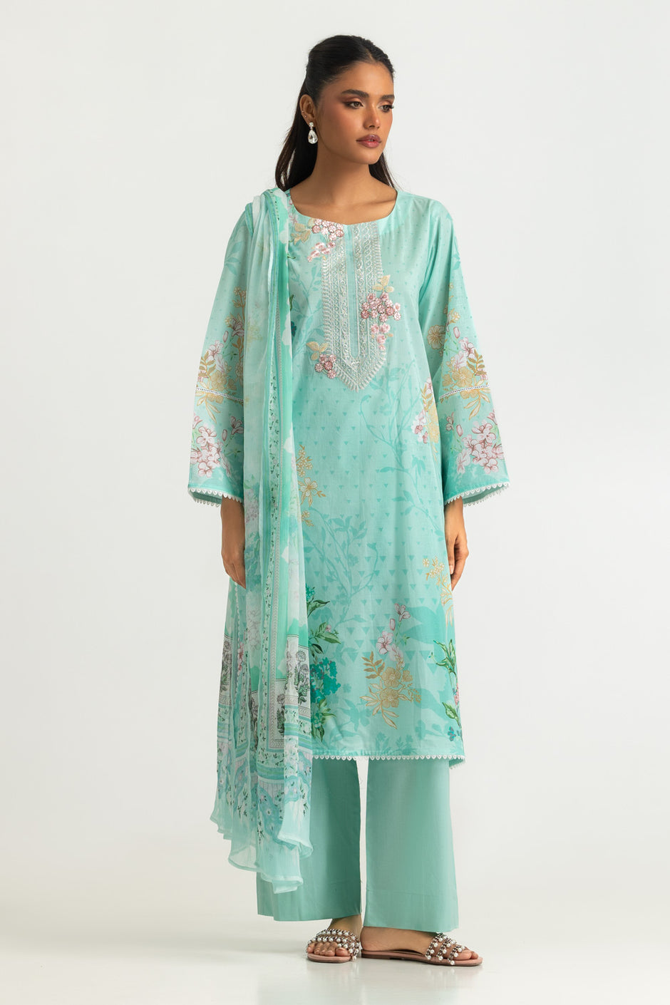 3PC Lawn Printed Suit With Embroidered